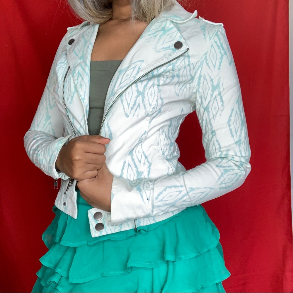 Mudd White and Teal Denim Moto Jacket